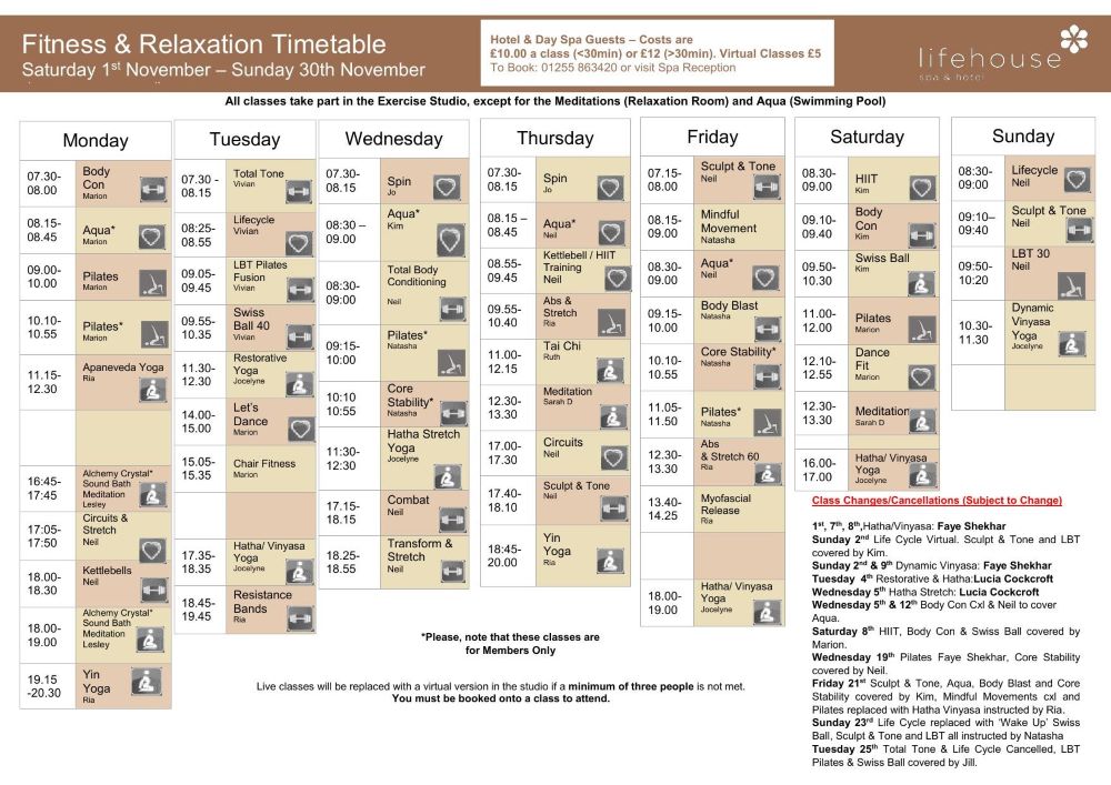 November Fitness & Relaxation Schedule