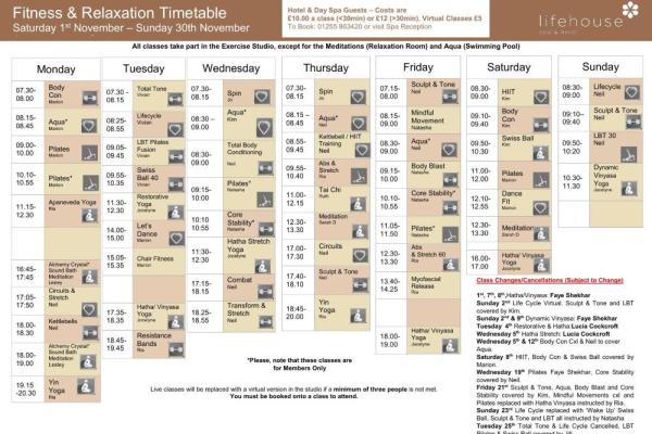 November Fitness & Relaxation Schedule