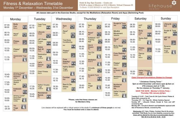 December Fitness & Relaxation Schedule