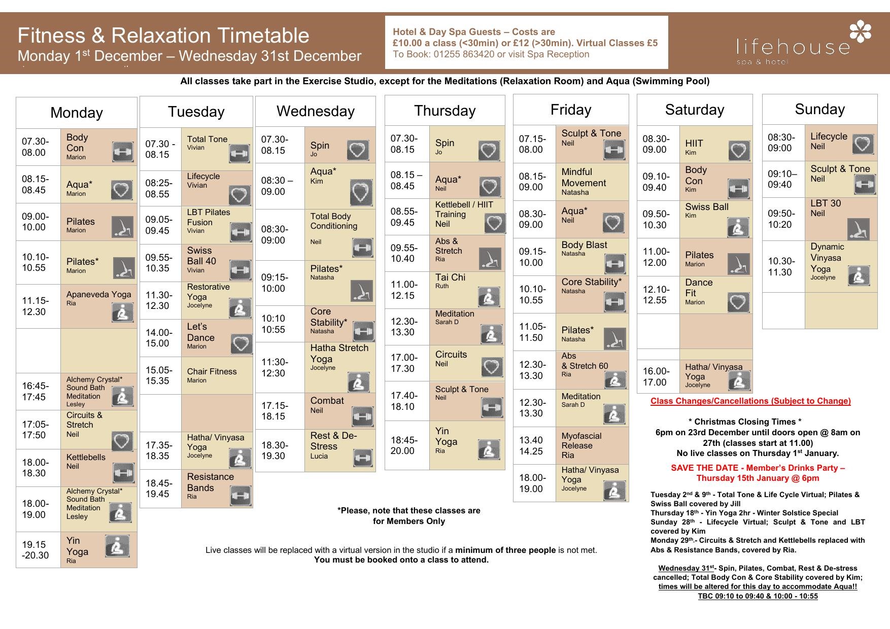 December Fitness & Relaxation Schedule