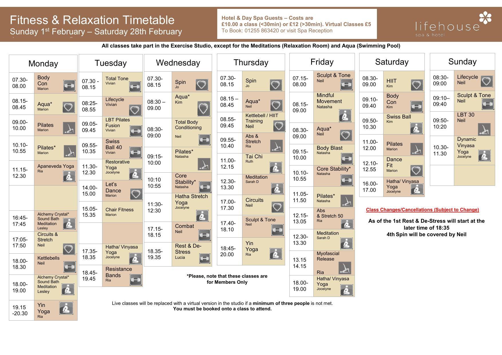 February Fitness & Relaxation Timetable