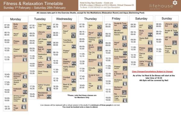 February Fitness & Relaxation Timetable