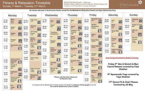 March Fitness & Relaxation Timetable