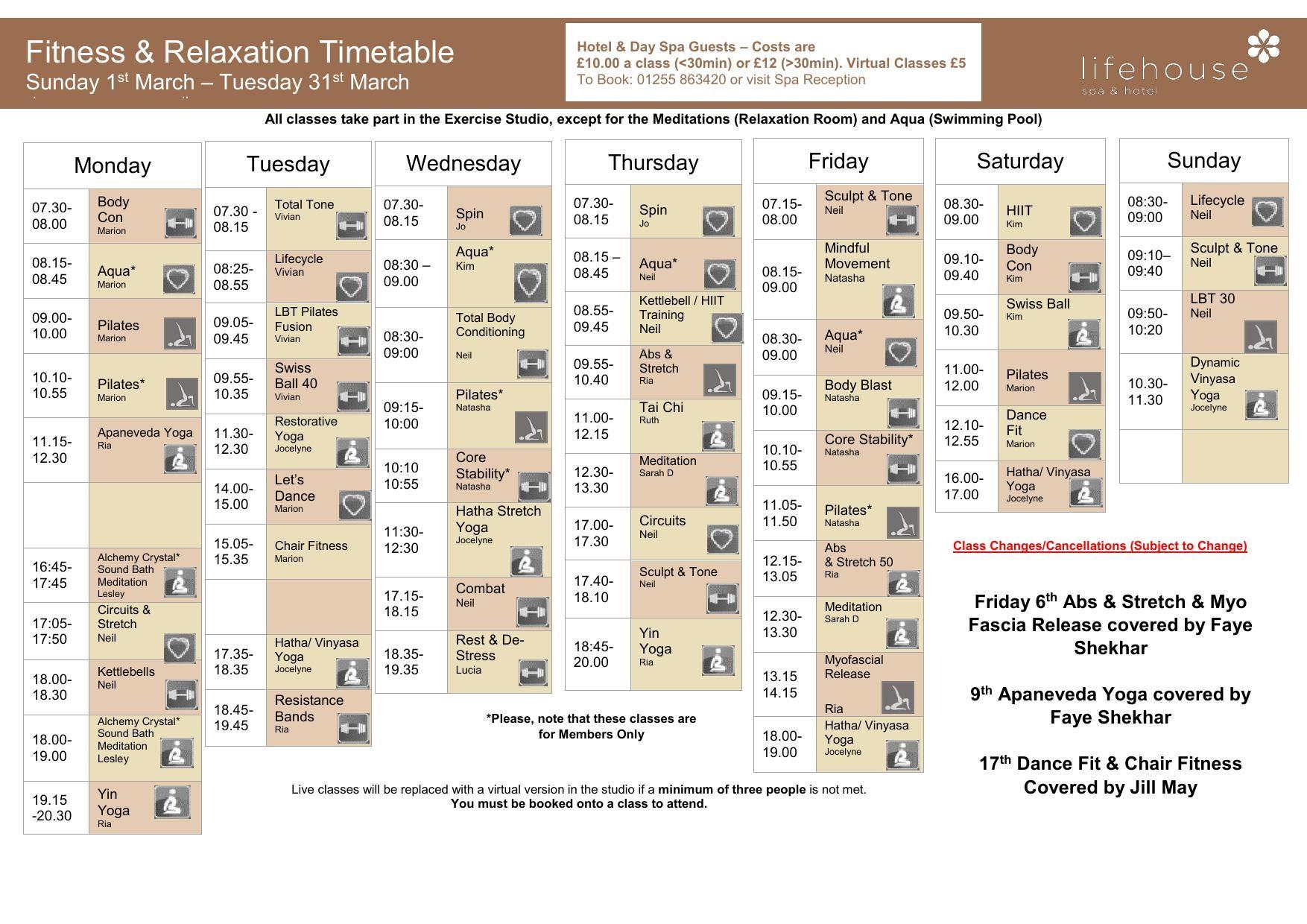 March Fitness & Relaxation Timetable
