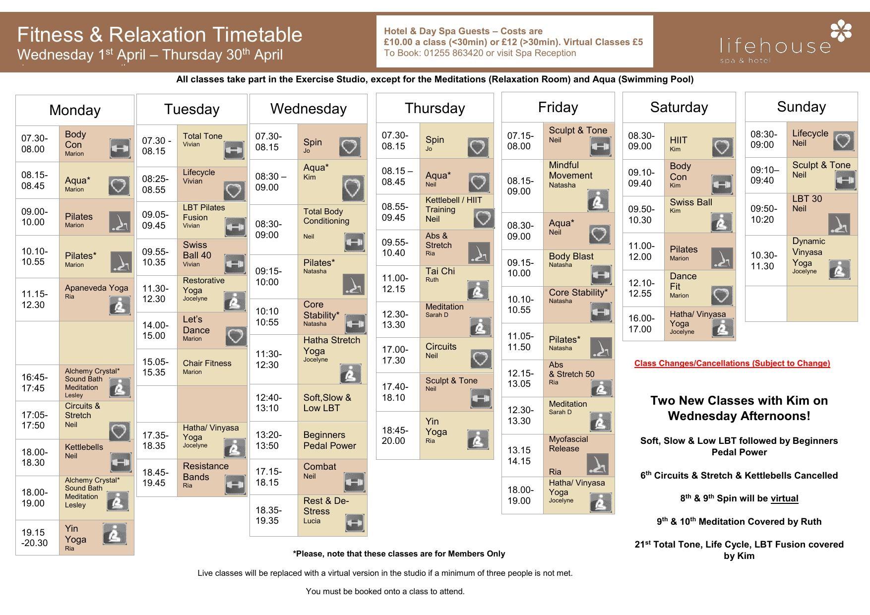 April Fitness & Relaxation Timetable