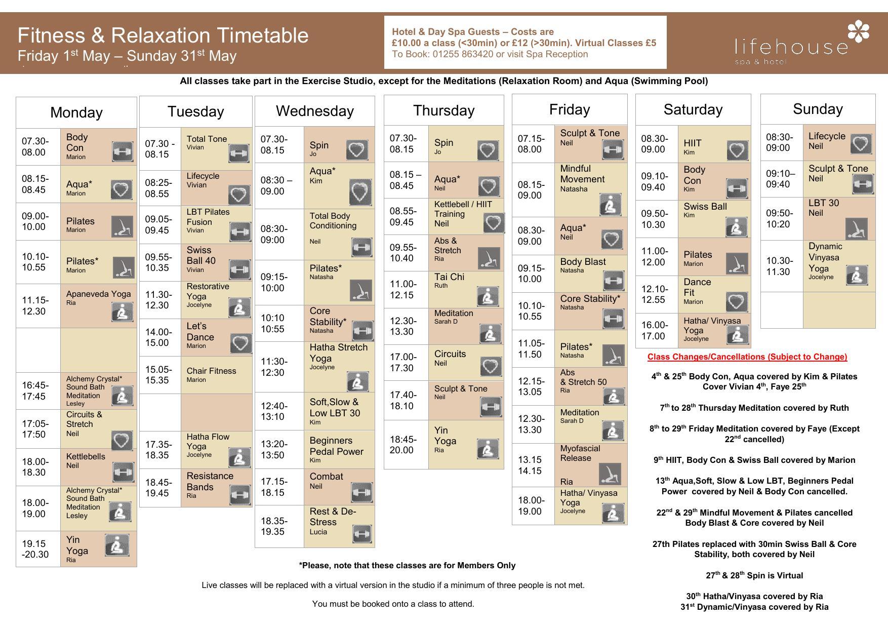 May Fitness & Relaxation Timetable