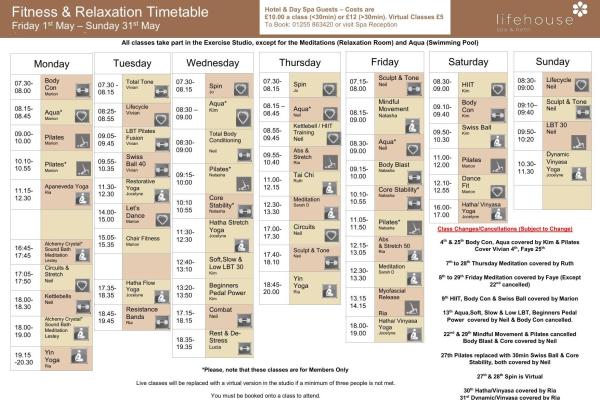 May Fitness & Relaxation Timetable