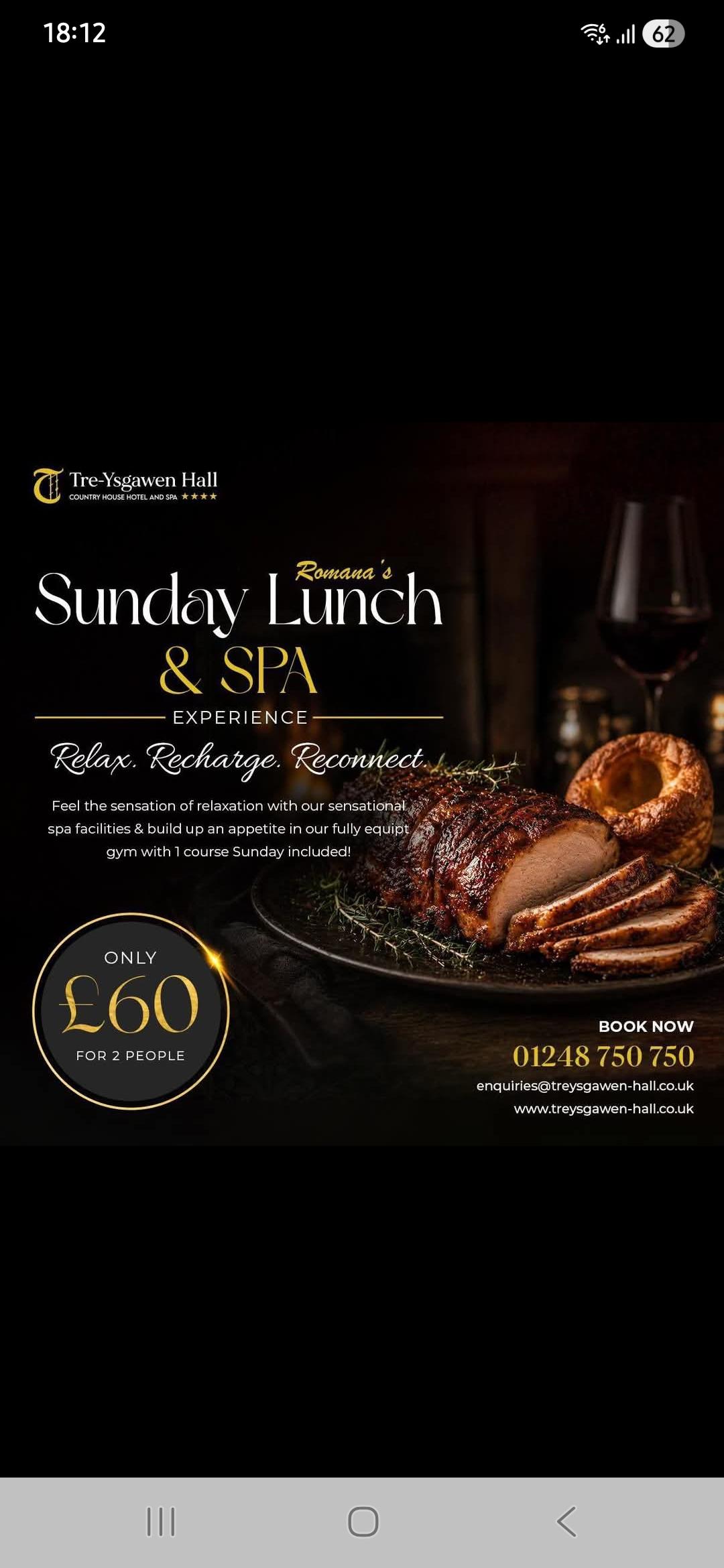 SPA AND SUNDAY LUNCH FOR 2 £60.00