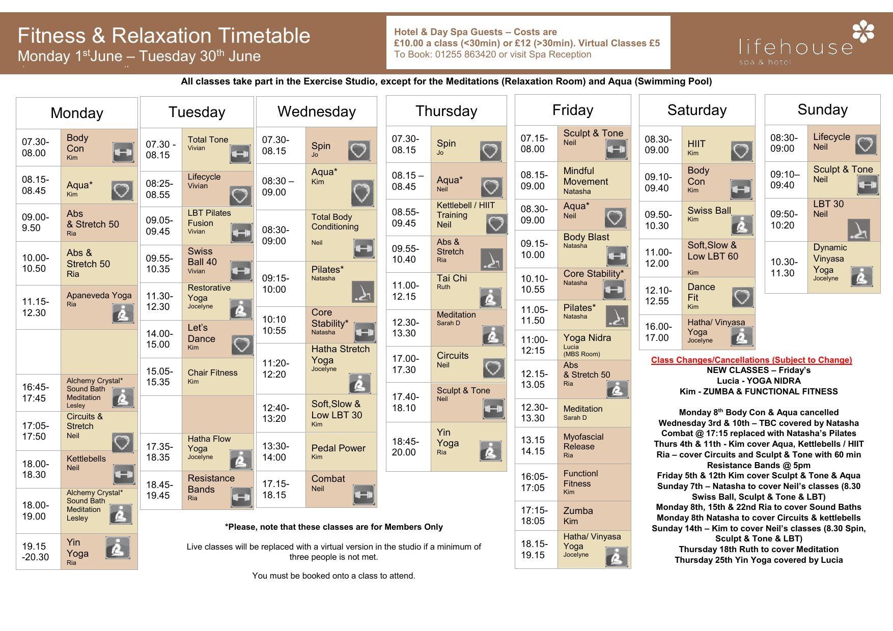 June Fitness & Relaxation Timetable