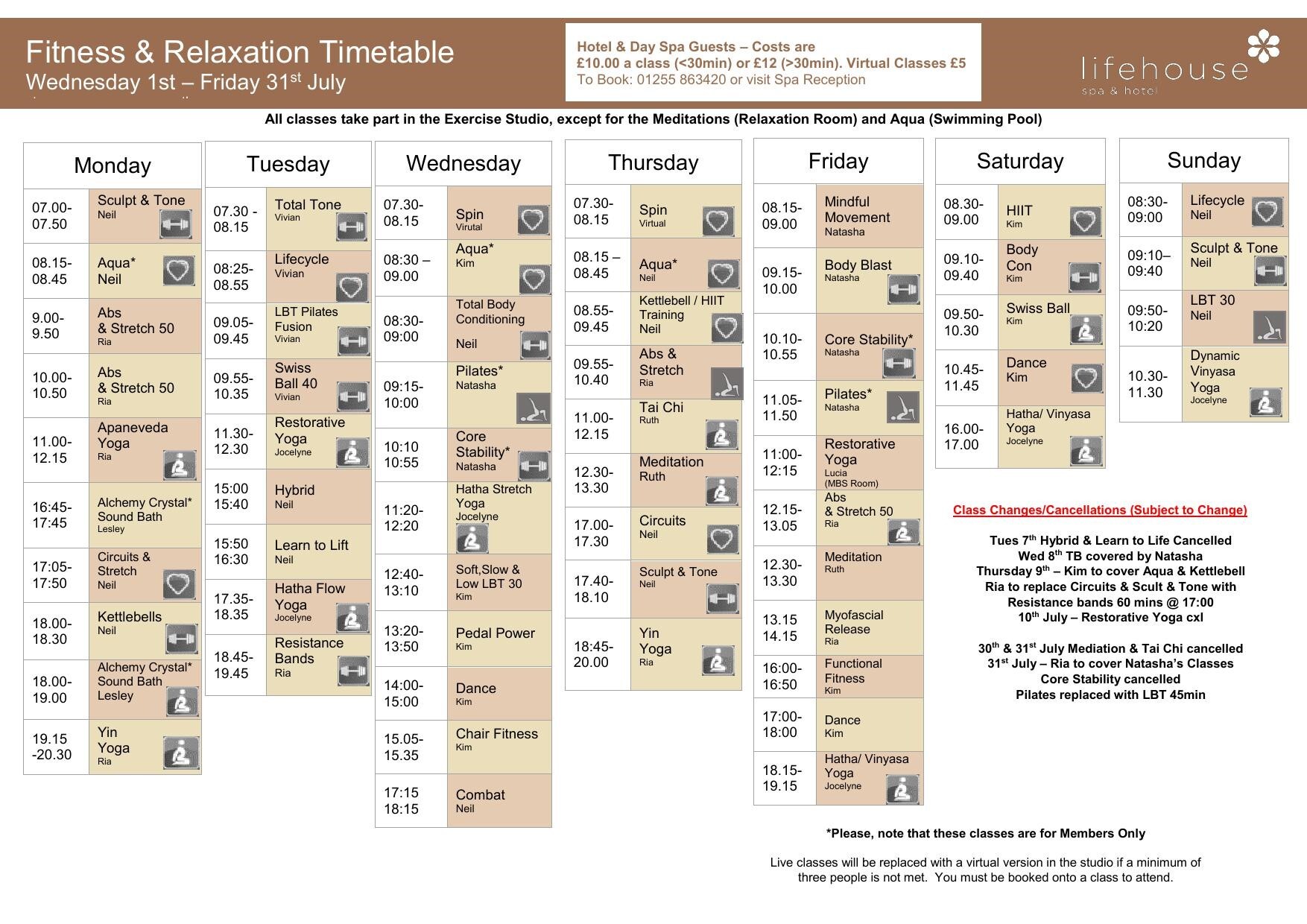 July Fitness & Relaxation Timetable