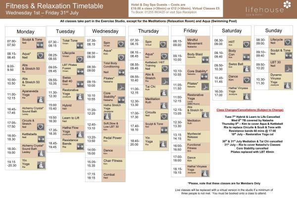 July Fitness & Relaxation Timetable