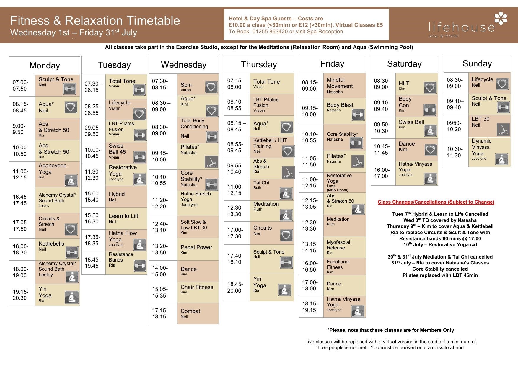 July Fitness & Relaxation Timetable
