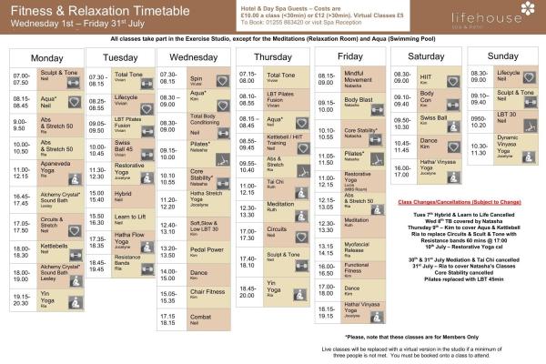 July Fitness & Relaxation Timetable