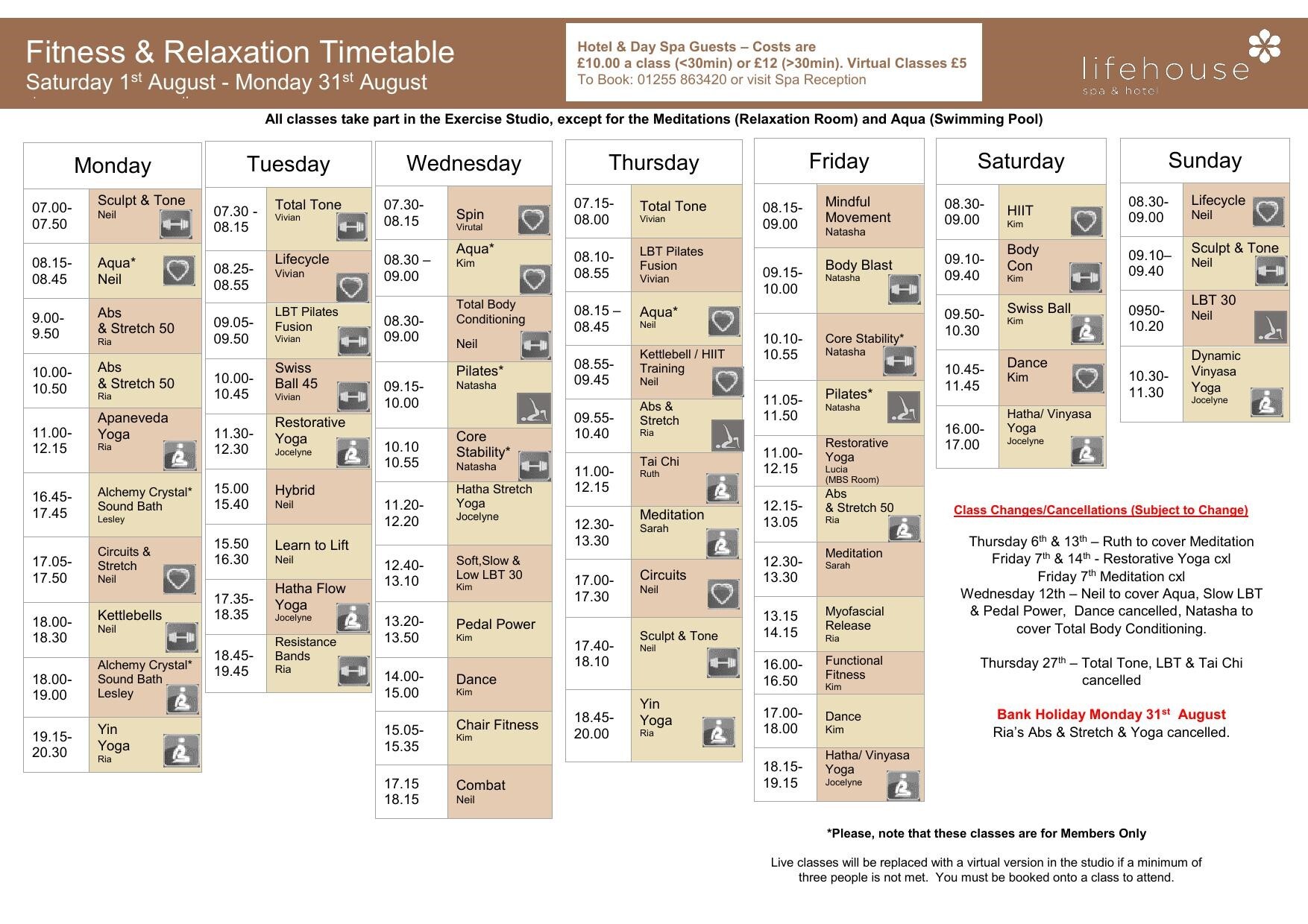 August Fitness & Relaxation Schedule