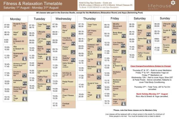 August Fitness & Relaxation Schedule