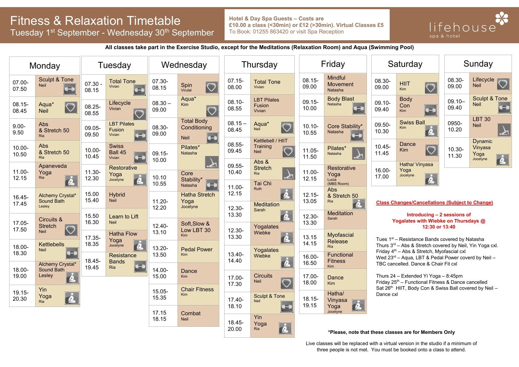 September Fitness & Relaxation Schedule