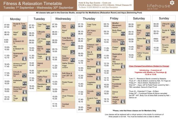 September Fitness & Relaxation Schedule