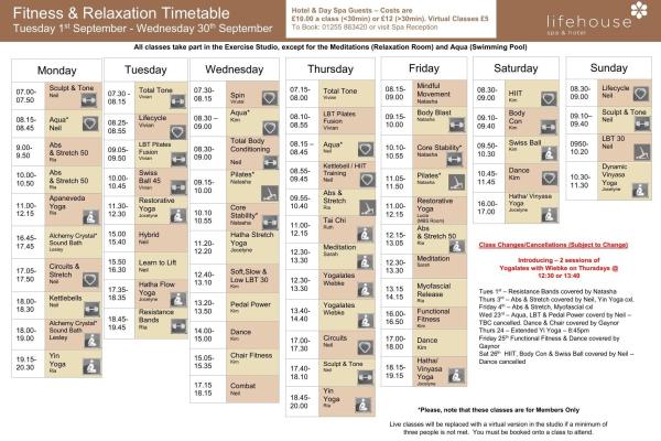 September Fitness & Relaxation Schedule