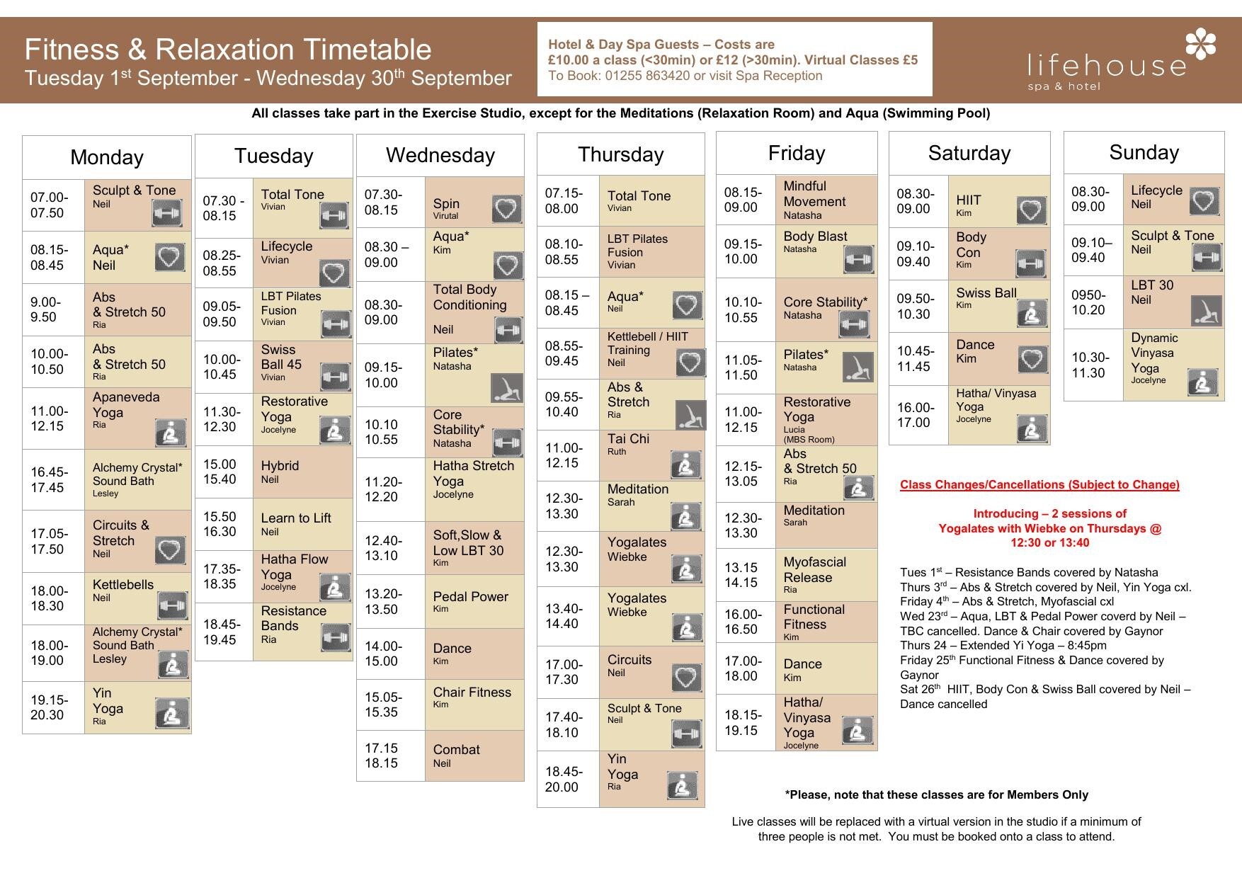 September Fitness & Relaxation Schedule