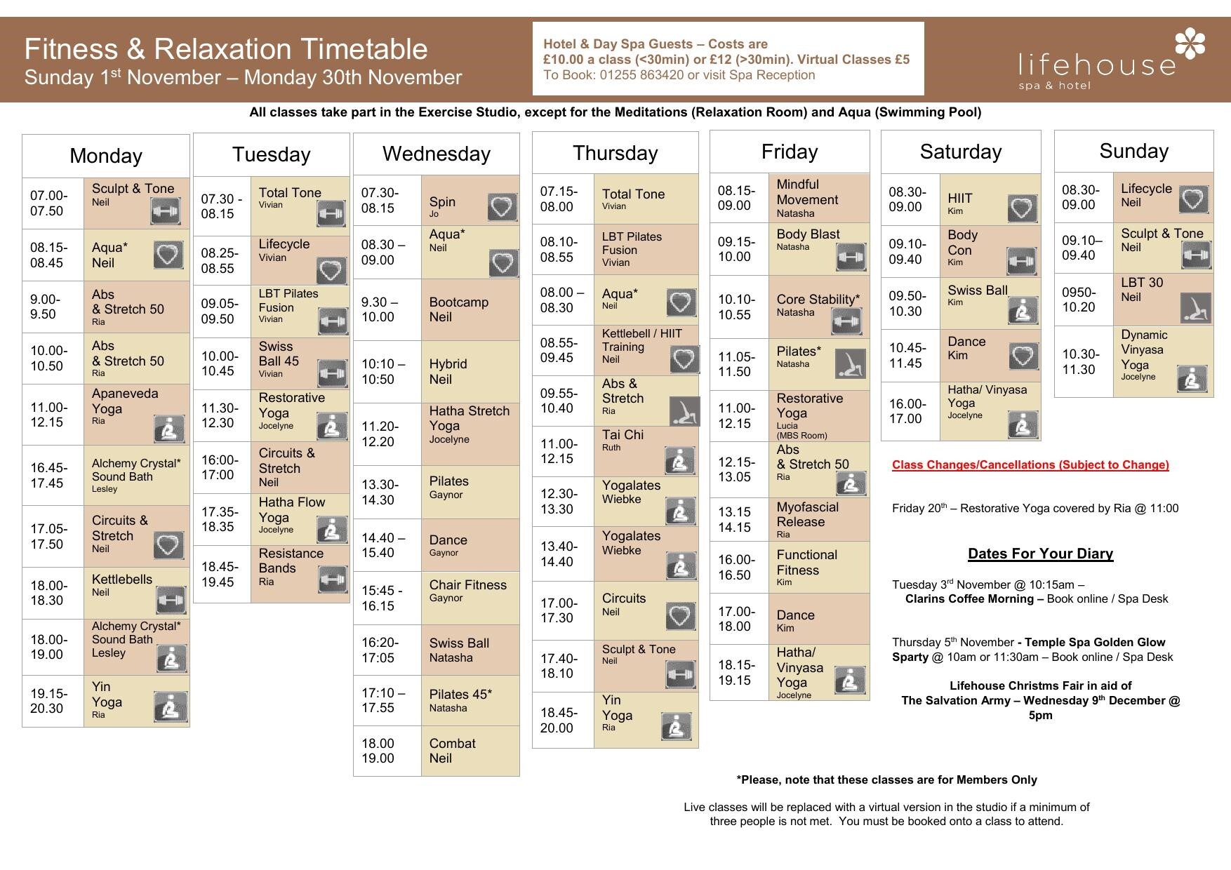 November Fitness & Relaxation Schedule