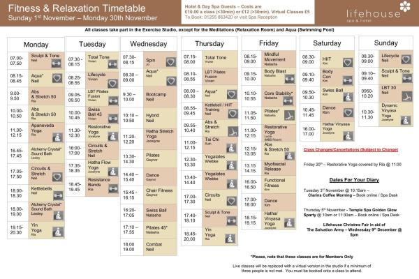 November Fitness & Relaxation Schedule
